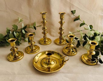 Collection of Baldwin Candlestick Holders } Forged in Baldwin America Lacquered Brass Taper Candle Holders } Chamberstick Candlestick }