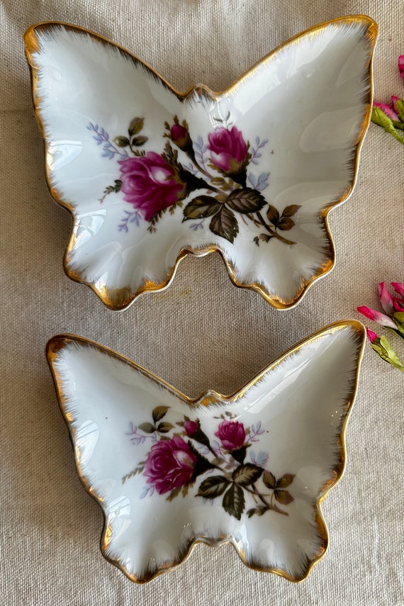 Butterfly Ceramic Trinket Dish } Pink Roses } Vint