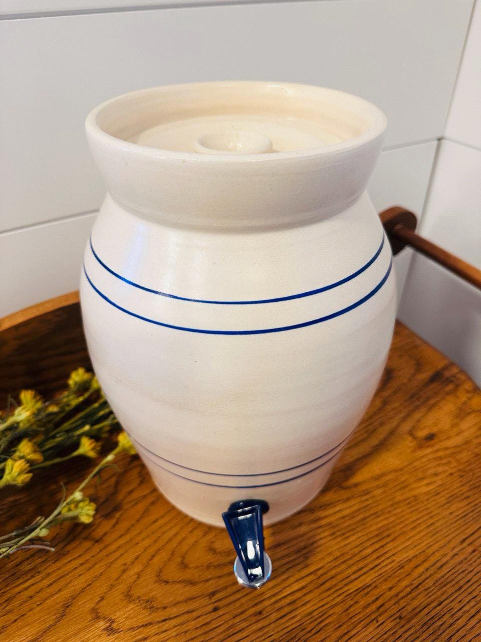 Vintage Blue Stripe Stoneware Crock Drink Dispenser { 2 Gallon