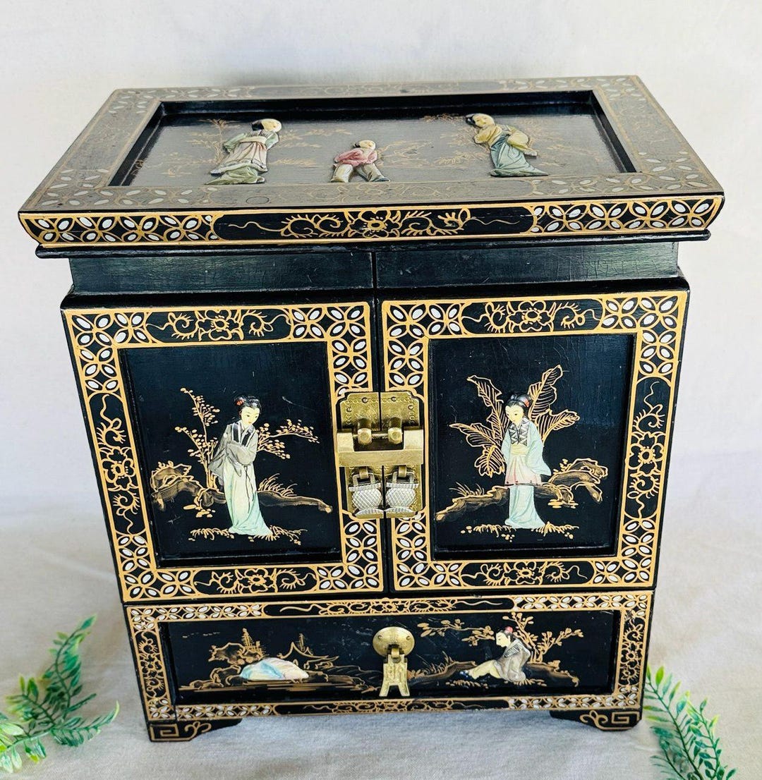 Vintage Large Asian Black Lacquered Jewelry Box With Key } Brass Gold ...