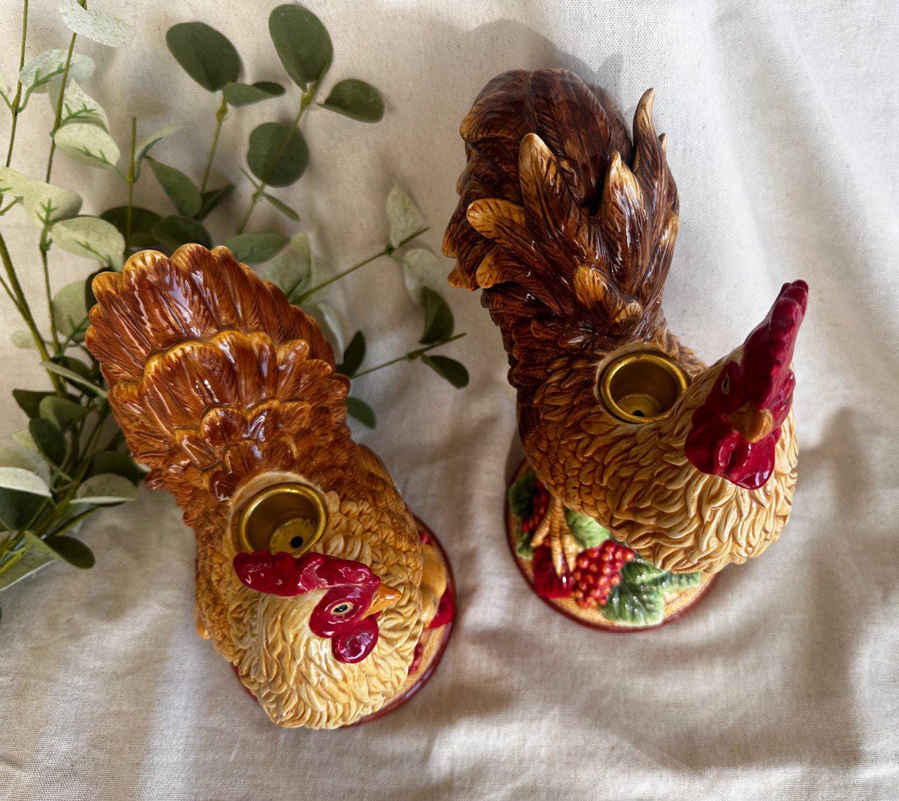 Vintage Fitz and Floyd Gallo De Oro Rooster and Hen Candlestick
