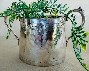 Antique Silver Cup with Handles - Multi Purpose Vintage Vanity Decor, Cotton Ball Q-Tip Dispenser, Unique Small Flower Vase