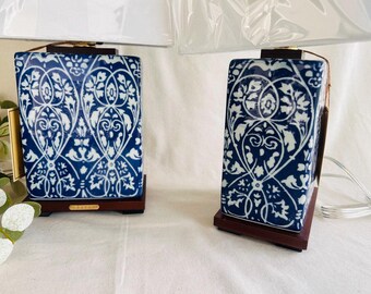 Polo Ralph Lauren Square Blue and White Porcelain Lamp } Asian Chinoiserie Paisley Floral Motif } Oriental Table Lamp }French Country Decor}