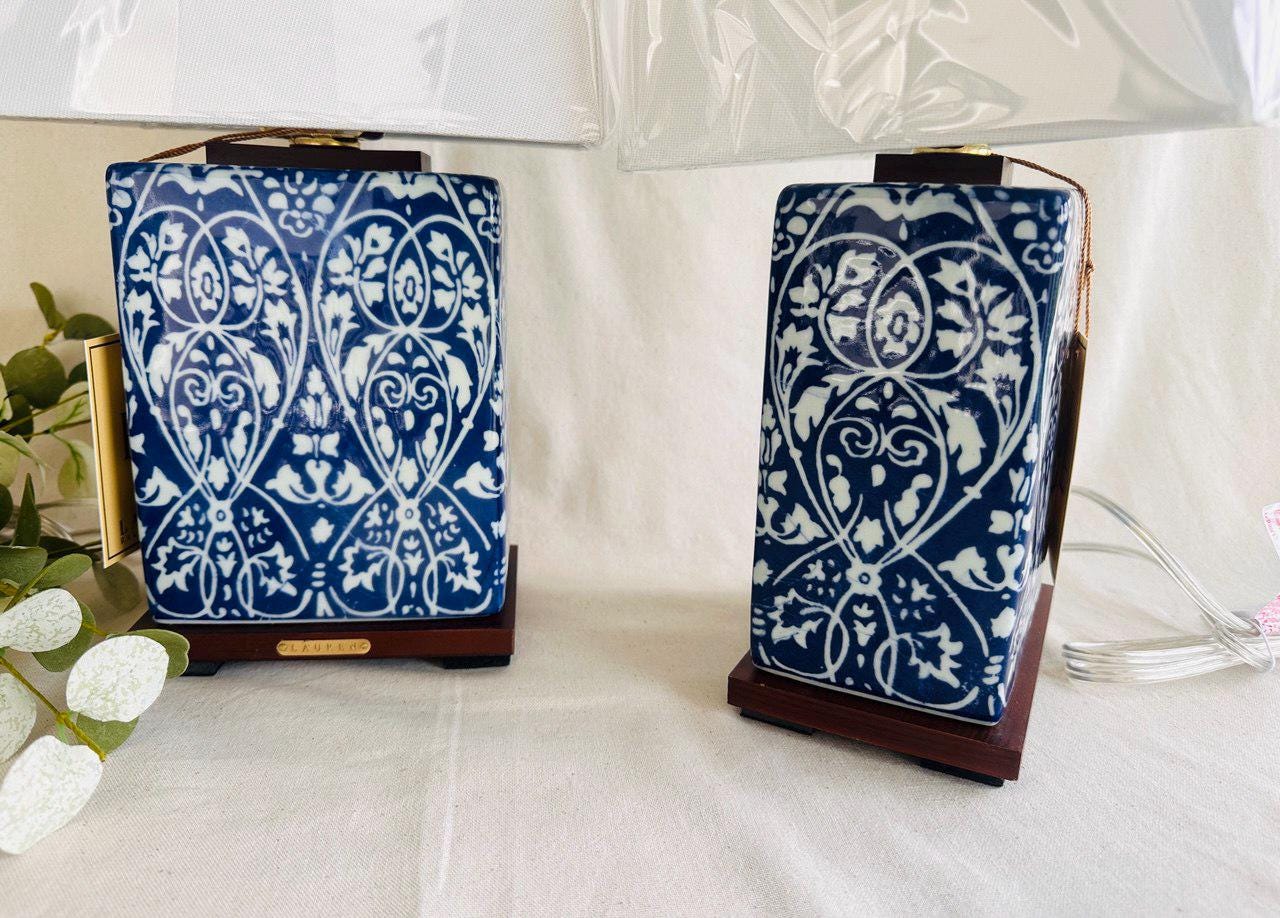 Polo Ralph Lauren Square Blue and White Porcelain Lamp } Asian Chinoiserie Paisley Floral Motif } Oriental Table Lamp }French Country Decor}