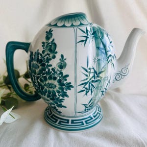 Vintage Green and  White Cadogan Puzzle Teapot Hand Painted } Mystery Teapot Bamboo Cherry Blossom Teapot } Chinese Puzzle Teapot }