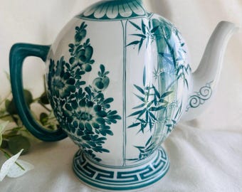 Vintage Green and  White Cadogan Puzzle Teapot Hand Painted } Mystery Teapot Bamboo Cherry Blossom Teapot } Chinese Puzzle Teapot }