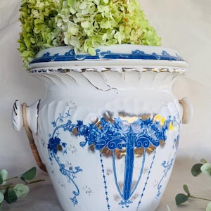 Antique Staffordshire Flow Blue Slop Jar Strainer William Ridgway WR Co Victorian 1890s Cobalt White Gold Gilt Large 12x12 Planter Cachepot