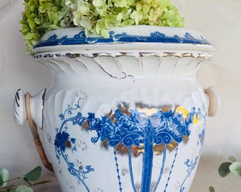 Antique Staffordshire Flow Blue Slop Jar Strainer William Ridgway WR Co Victorian 1890s Cobalt White Gold Gilt Large 12x12 Planter Cachepot