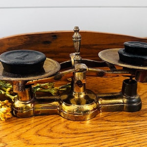 Antique Brass Balance Scales } Black Cast iron Scale Weights 1, 4, 8 } Vintage Brass Weighing Scales } Brass Finial  French Scale Brass Pans