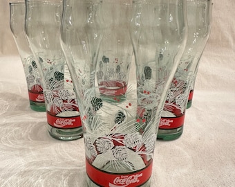 Coca-Cola Festive Glasses-Set of 6-Coke Glasses-Vintage-Winter Pine cones, Snowy, Red and Green Coke Glasses-Seasonal-Vintage Bell Shape