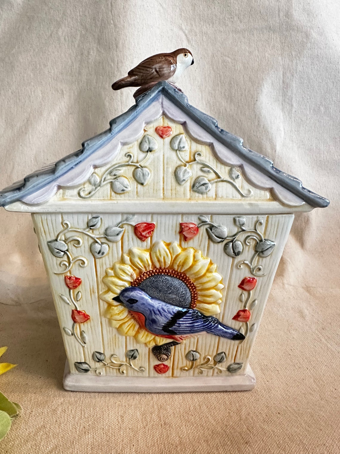 Bird House Cookie Jar Blue Bird Kitchen Canister Blue and White Cottage