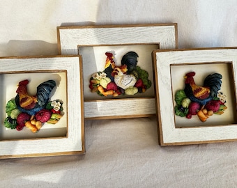 Rooster Wall Decor } Resin 3 D Chicken Wall Hanging { Rooster on Farm Vegetables { Rooster and Hen Art { Chicken Art } Gold and White Frame