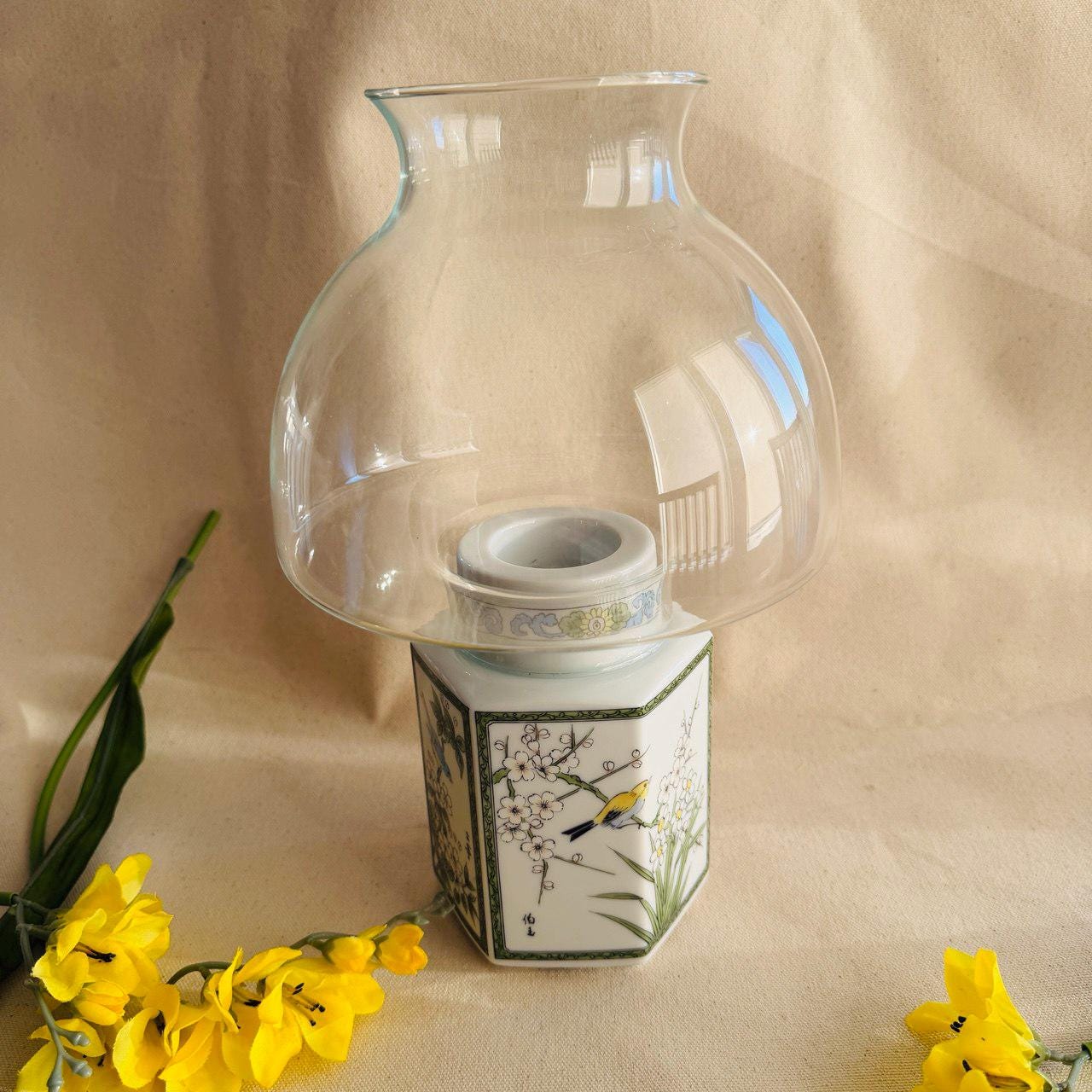 Vintage Japanese Hand Painted Hurricane Candle Holder With Floral