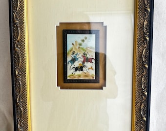 Persian Painting on horseback with swords and hunting } Persian Art }  Khatam Inlaid Framed Miniature Horses Hunters } Gold Black Frame }
