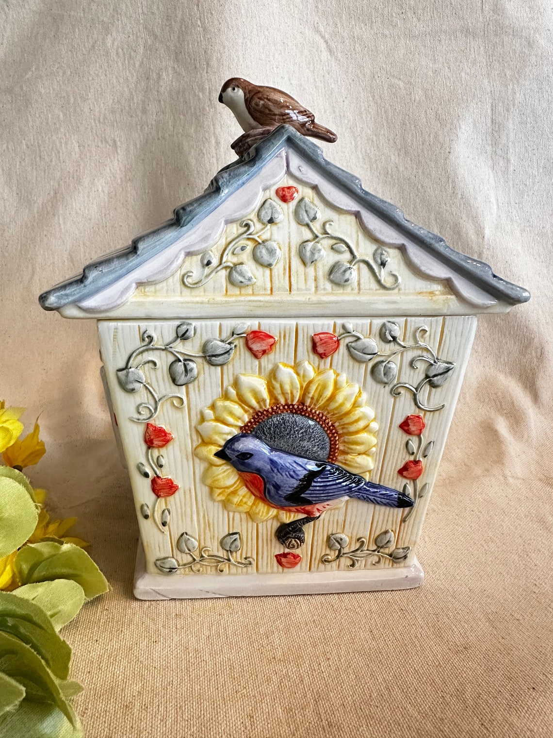 Bird House Cookie Jar Blue Bird Kitchen Canister Blue and White Cottage