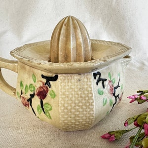 Vintage Ceramic Juicer } Antique Manual Juicer } Pink and Green, Black Floral Ceramic Juicer { Juicer Pitcher with Reamer Lid } Floral }