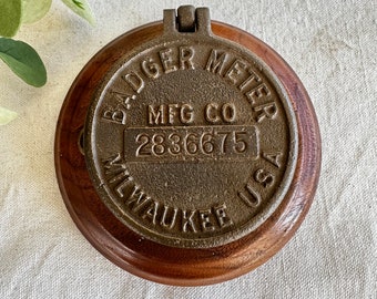 Badger Meter Milwaukee USA Steampunk { Brass Decor Wood Mount } Container Industrial } Vintage Brass Water Meter { Paperweight } Trinket }