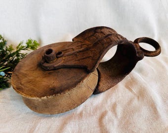 Antique Cast Iron and Wooden Pulley } Tackle Pulley } Cast Iron Block Wood Decor } Barn Door Pulley } Rustic Decor } Industrial } Farm Tool