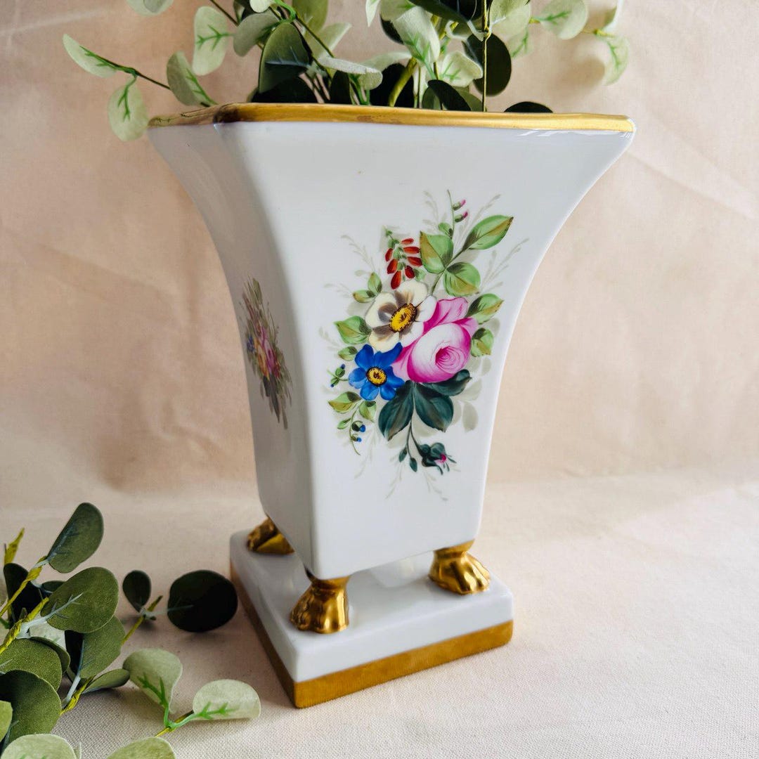 Vintage Porcelain Vase } Hand Painted Floral Decorations and Gold Trim ...