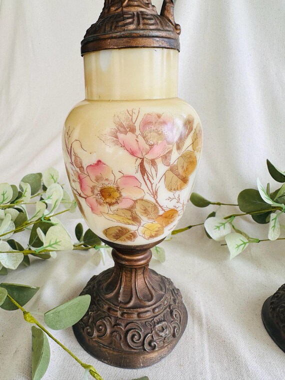 Antique Pair Mantle Ewers } Victorian Ornate Metal and Painted