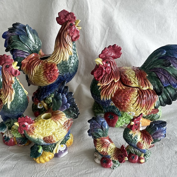 Fitz and Floyd Classics Rooster and Hen } Pitcher } Candle Holder } Salt Pepper Shaker } Coq Du Village { Roosters on Vegetables } Canister