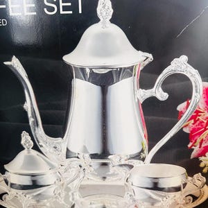 Vintage WM Rogers and Sons Silverplate Coffee Tea Set } Silver Coffee Pot Creamer and Sugar Bowls } NIB } Silver Coffee Set }