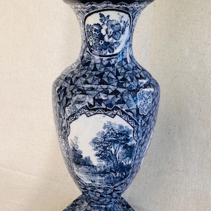 Antique Royal Bonn Blue and White Floral Flamand Blue Nature Theme Flower Vase } Villeroy & Boch (Bonn) } Rhine Landscape 1920&#39;s Numbered }