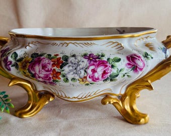 Antique German Porcelain Centerpiece Bowl, Hand-Painted Floral, Gilt Accents } Dresden } Pink Floral Gold Accents } Footed and with Handles}