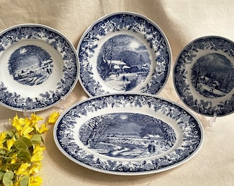 Spode Winter's Eve in Blue and White { Spode Oval Platter { Dinner Plate { Salad Plate { Large Rim Soup Bowl { Vintage Blue White Dishes }