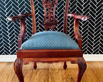 Vintage Chippendale Carved Mahogany Armchair } Childs or Large Doll Chair } Ball Claw Feet } Ornate Carved Details } Armrests }Cabriole Legs