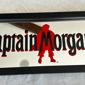 Captain Morgan Rum Bar Sign } Mirror Bar Sign } Man Cave Decor } Nautical Pirate Bar Decor } Black and Red }