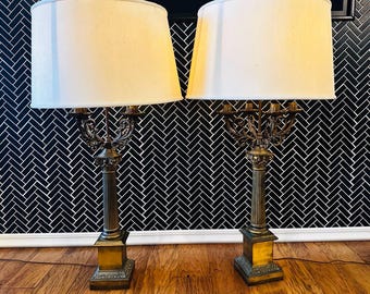 Pair of Antique Majestic Brass Candelabra Lamps } Bronze Antique Gold 4 Arm Candle Holder Table Lamps } French Gilt Neoclassical Lamps }