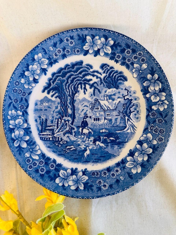 Vintage Blue and White Transferware Farm Scene } Blue Willow
