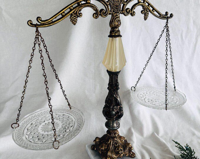 Vintage Crystal Brass Marble Base Scale Justice Hollywood Regency ...