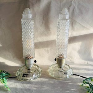 Vintage Pair of 1930's Art Deco "Torpedo" or "Skyscraper" Boudoir Lamps } Cut Hobnail Bubble Fluted Clear Glass Unique Rare Lights }