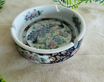 Vintage Porcelain Ashtray or Trinket Dish } Toyo or Asahi Japan Piece } Peacock Floral Display Blue Green Black Gold Design } Satsuma }Asian