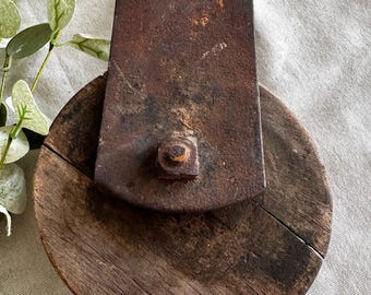 Antique Cast Iron Wooden Barn Pulley } Trolley Pulley } Rustic Farm Tools } Block Tackle Pulley } Industrial Decor } Rustic Decor }