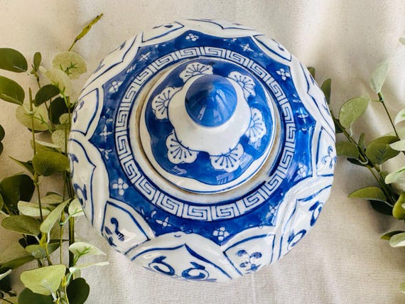 Vintage Blue and White Chinoiserie Ginger Jar } Chinese Cherry