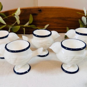 Vintage Blue and White Ceramic Egg Cups } Set of 5 Boiled Egg Cups } Egg Holder Blue Rim and Base } Chicken Chicks Egg Cups }