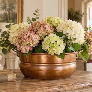 Vintage Dovetailed Oval Copper Planter with Brass Handles | Rustic Copper Centerpiece Bowl | French Country Farmhouse Decor