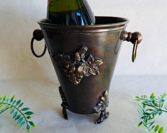 Brass Half Wine Bottle Footed Chiller with Handles } Bronze Color Brass Footed Round Planter Vase Pot } Ornate Feet } Grapes Stampings }