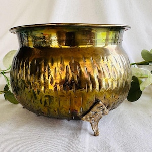 May include: A vintage brass planter with a textured, hammered surface and three small feet. The planter has a wide, rounded shape and a golden hue, with hints of green and brown. Decorative foliage is in the background.