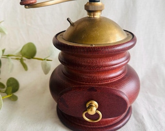 Unique Round Wood and Brass Coffee Grinder } Empties at bottom in Brass Container { Vintage Round Shape Coffee Mill } Coffee Burr }