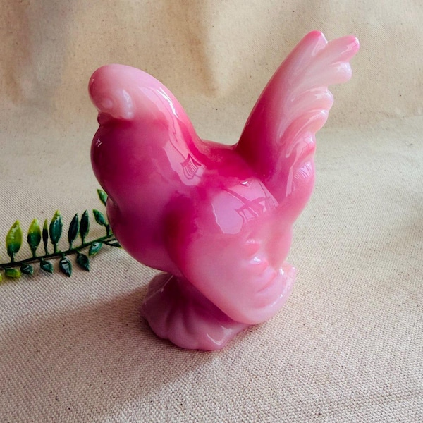 Vintage Fenton HCA Heisey Rosalene Pink Chicken Hen } Pink Glass Chicken Hen Figurine Numbered 132 our of 450 } Pink Marbled Hen Figurine }