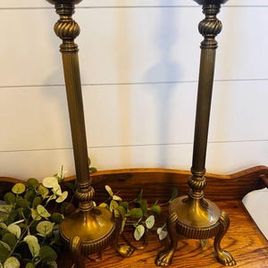 A pair of Vintage Brass Neoclassical Style Buffet Table Lamps } Claw Feet } Brass Table Lamp } Tall Lamps MCM Decor } Copper Polished Brass