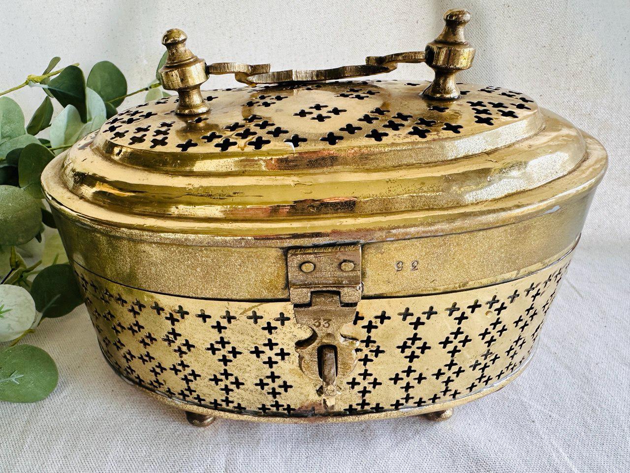 Vintage Brass Footed Oval Trinket Box With Cutouts } Pierced