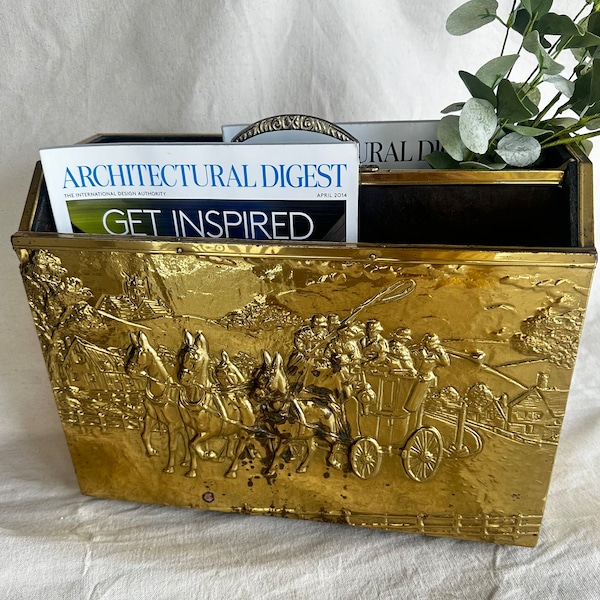 Antique Brass and Wood Magazine Rack } Horse and Coach Country Scene } Gold Colored } Vintage Magazine Rack } French Country Decor }