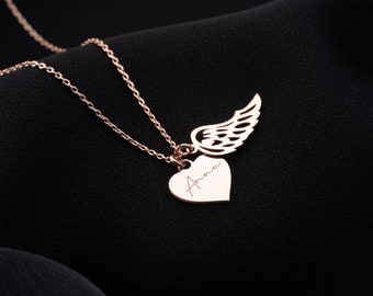 Collar de ala conmemorativa, collar con nombre de corazón con alas de ángel, regalos de recuerdo, collar de aborto espontáneo de regalo de ser querido perdido, regalo para mamá.