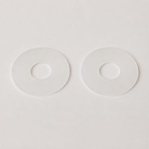 May include: Two circular, flat, translucent white washers with a centered hole. These discs feature a smooth, matte finish and a uniform shape, designed as functional hardware components for various assembly or spacing applications.