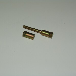 May include: A set of two gold-colored metal fasteners. One is a threaded bolt with a hexagonal head, and the other is a matching hexagonal nut. The items are likely hardware components.